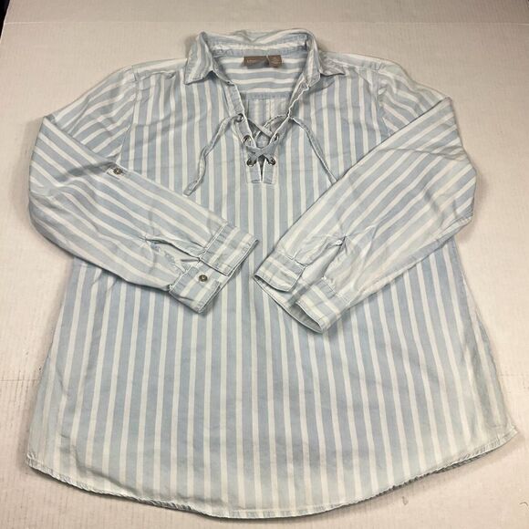 Chicos Lace Up Tunic Shirt Striped Long Sleeve Roll Tab Casual Top Size 2 Large